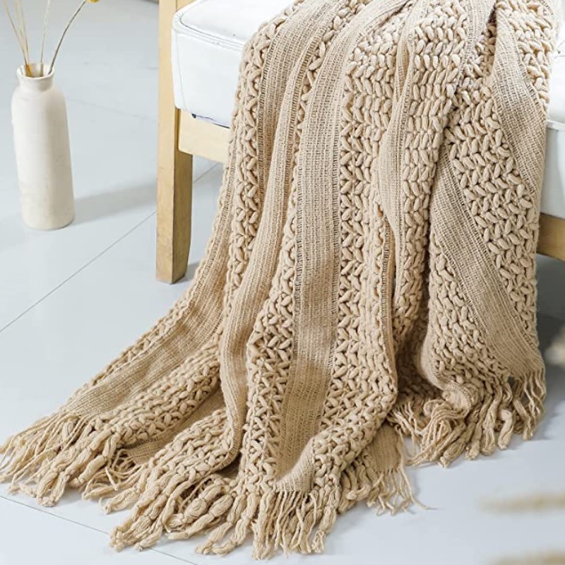 Wool Blanket Herringbone - 북유럽 스타일 크로셰 카키색 태슬 달린
