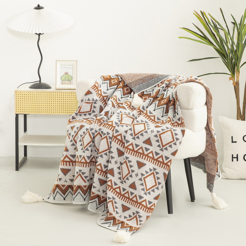 보헤미안 스타일 프린트 니트 담요 고급 피부 친화적인  - Home Textiles Luxury 리뷰 및 가격